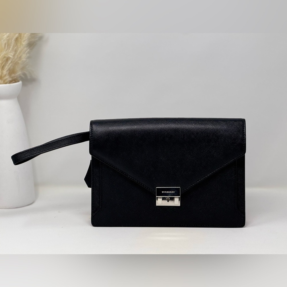 💯Authentic Autre Marque BURBERRY Black Leather Clutch Bag